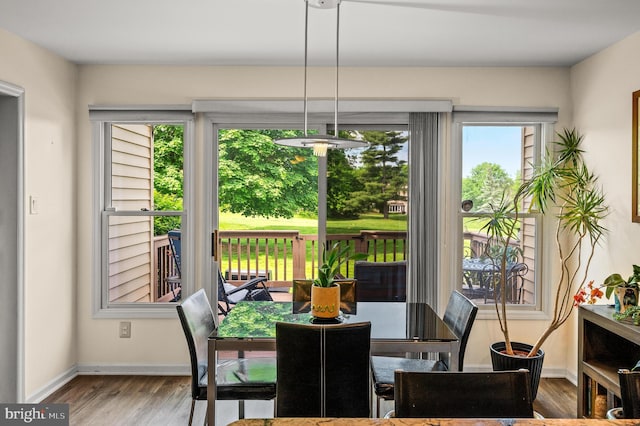dining space featuring baseboards and wood finished floors