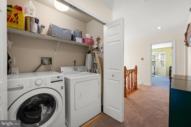 washroom featuring light colored carpet, washer and dryer, recessed lighting, and baseboards