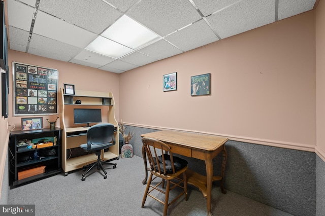 office area featuring a paneled ceiling and carpet floors