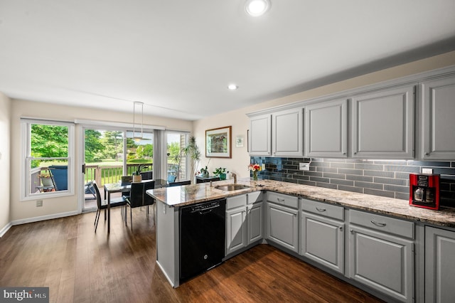 kitchen with dishwasher, gray cabinets, a peninsula, healthy amount of natural light, and recessed lighting