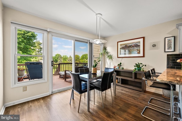 dining area with baseboards, healthy amount of natural light, and dark wood-type flooring