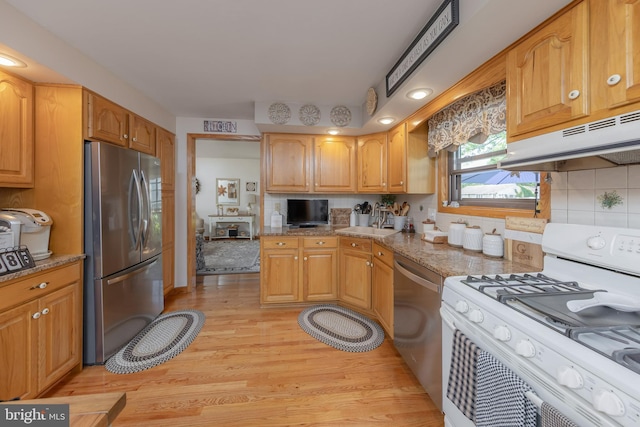kitchen featuring appliances with stainless steel finishes, under cabinet range hood, light wood-type flooring, tasteful backsplash, and light stone countertops