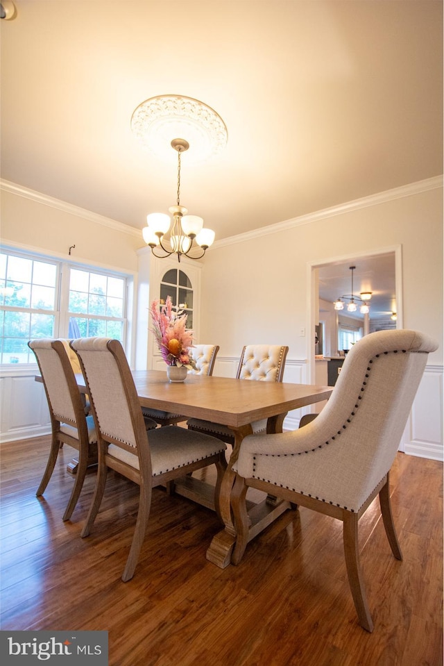dining room featuring a chandelier, wood finished floors, ornamental molding, a decorative wall, and wainscoting