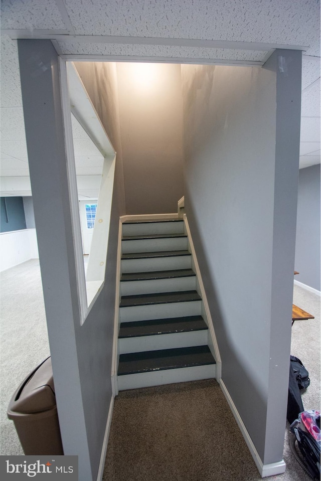 stairs featuring carpet and baseboards