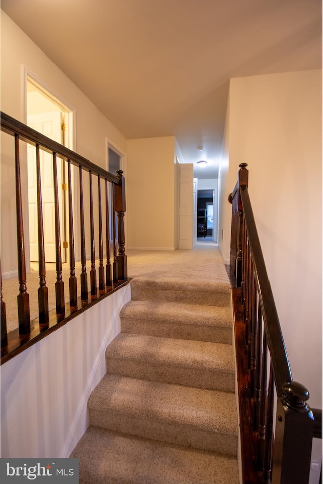 stairway featuring carpet and baseboards