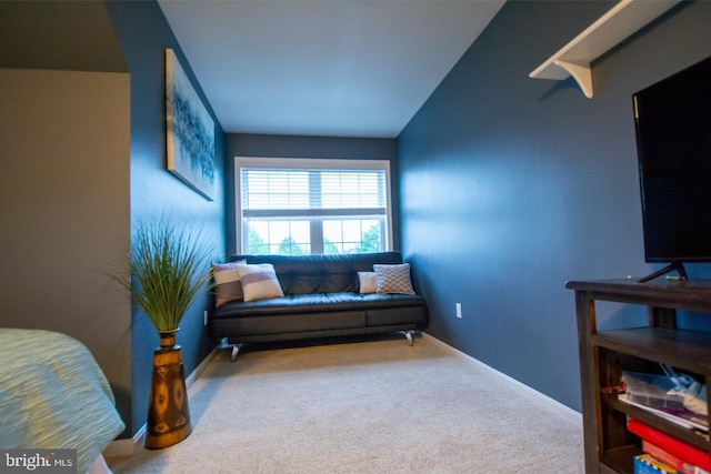 living area with carpet flooring and baseboards