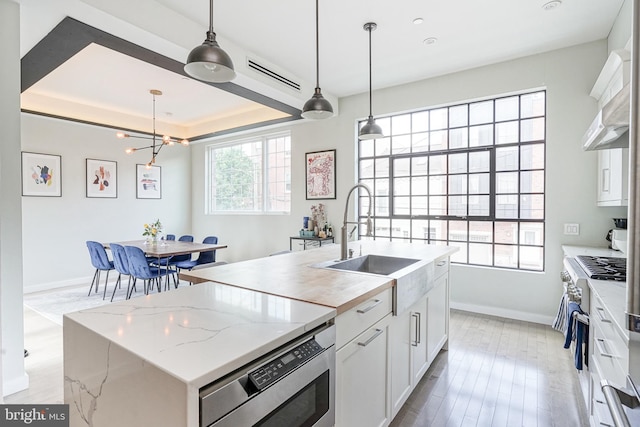 kitchen with a sink, a kitchen island with sink, stainless steel appliances, and white cabinetry