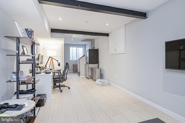office with beamed ceiling, baseboards, and recessed lighting