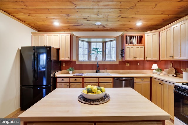 32 Black Bear Rd, Albrightsville, PA 18210 - kitchen with a sink, wooden ceiling, black appliances, a center island, and baseboards