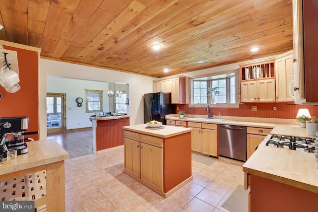 32 Black Bear Rd, Albrightsville, PA 18210 - kitchen with dishwasher, freestanding refrigerator, wooden ceiling, wooden counters, and a sink