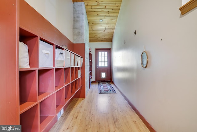 32 Black Bear Rd, Albrightsville, PA 18210 - doorway featuring wood ceiling, wood finished floors, high vaulted ceiling, and baseboards