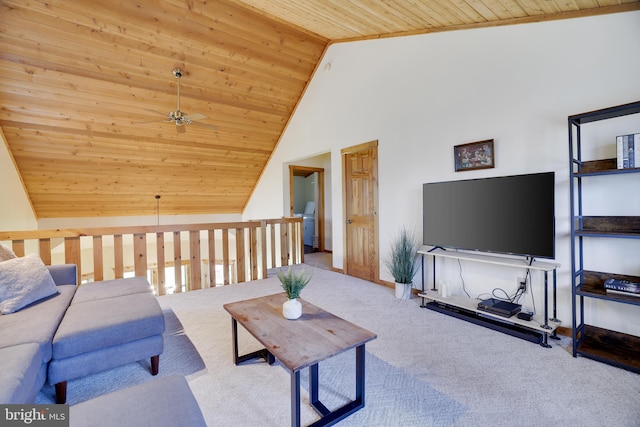 32 Black Bear Rd, Albrightsville, PA 18210 - living room featuring wood ceiling, vaulted ceiling, carpet, and ceiling fan