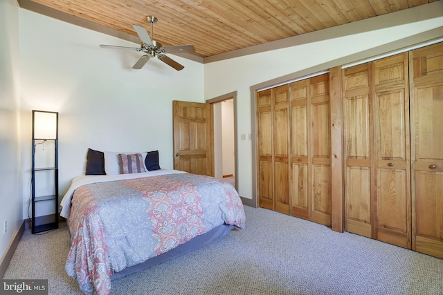 32 Black Bear Rd, Albrightsville, PA 18210 - bedroom with carpet floors, baseboards, wood ceiling, a ceiling fan, and multiple closets