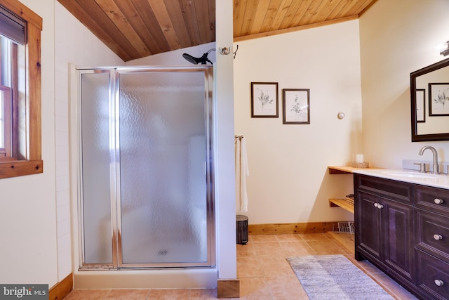 32 Black Bear Rd, Albrightsville, PA 18210 - bathroom with vaulted ceiling, a stall shower, tile patterned flooring, wood ceiling, and vanity