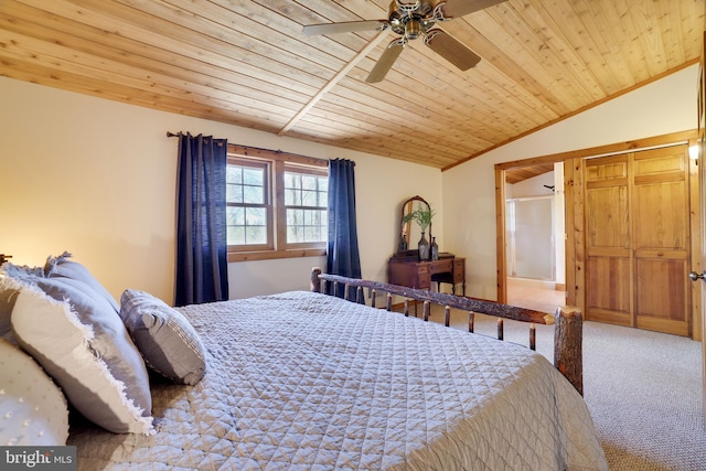 32 Black Bear Rd, Albrightsville, PA 18210 - bedroom featuring vaulted ceiling, carpet, wood ceiling, and a ceiling fan