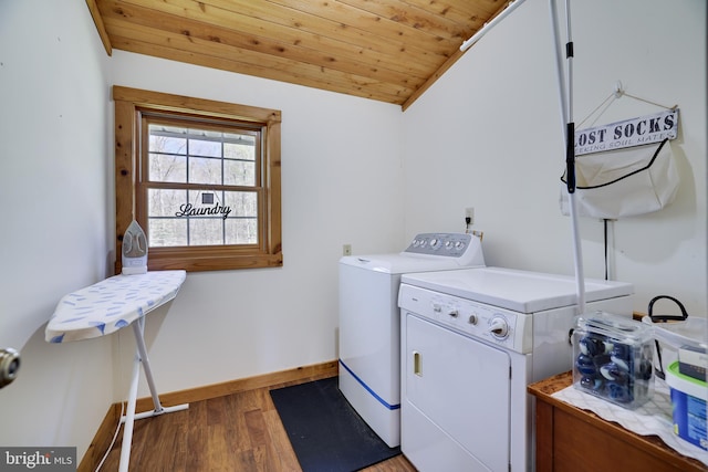 32 Black Bear Rd, Albrightsville, PA 18210 - laundry room featuring washer and dryer, wood ceiling, wood finished floors, and baseboards