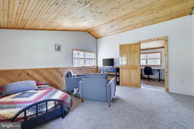 32 Black Bear Rd, Albrightsville, PA 18210 - bedroom featuring vaulted ceiling, multiple windows, an office area, carpet, and wood ceiling
