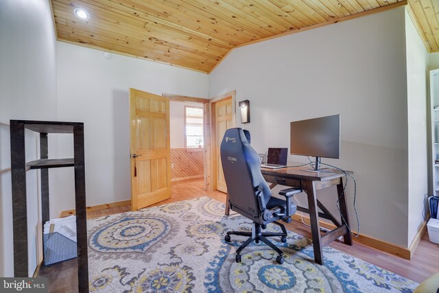 32 Black Bear Rd, Albrightsville, PA 18210 - home office featuring vaulted ceiling, wood ceiling, baseboards, wood finished floors, and recessed lighting