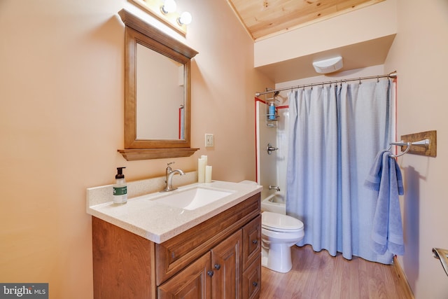 32 Black Bear Rd, Albrightsville, PA 18210 - bathroom with toilet, vanity, shower / tub combo, wooden ceiling, and wood finished floors