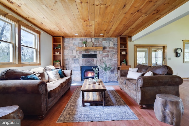 32 Black Bear Rd, Albrightsville, PA 18210 - living room with built in features, wooden ceiling, wood finished floors, and plenty of natural light