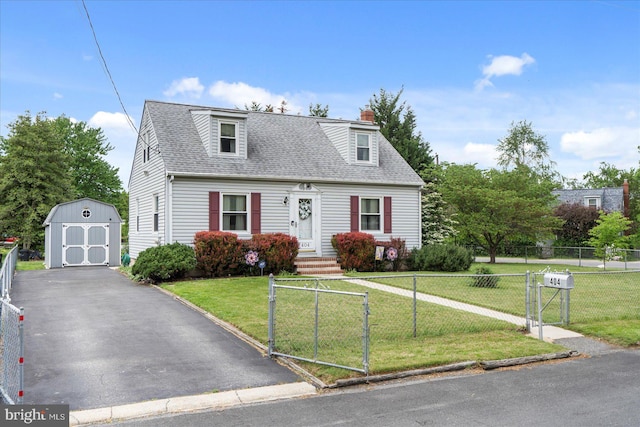 cape cod-style house with a gate, a storage unit, a shingled roof, and asphalt driveway