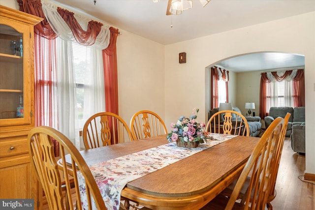 dining space featuring arched walkways, wood finished floors, and a ceiling fan