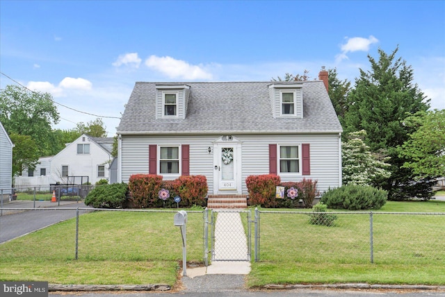 view of front of house featuring a gate, roof with shingles, and a chimney