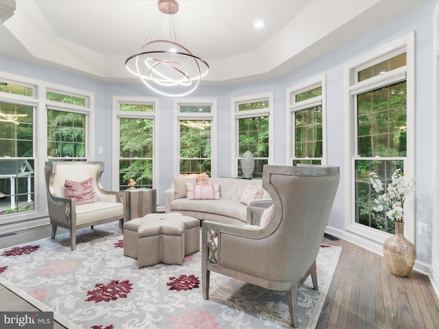 8197 Cottage Rose Ct, Fairfax Station, VA 22039 - sunroom / solarium with hardwood / wood-style floors, a chandelier, a raised ceiling, baseboards, and recessed lighting