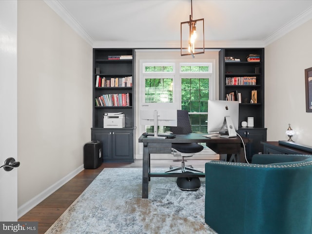 8197 Cottage Rose Ct, Fairfax Station, VA 22039 - office space featuring ornamental molding, wood finished floors, built in features, and baseboards