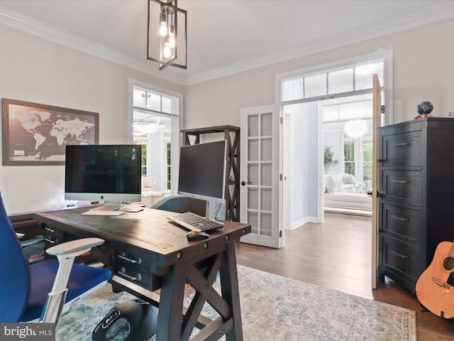 8197 Cottage Rose Ct, Fairfax Station, VA 22039 - office space featuring ornamental molding, plenty of natural light, french doors, and wood finished floors