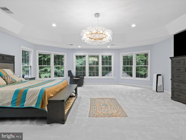 8197 Cottage Rose Ct, Fairfax Station, VA 22039 - bedroom featuring a chandelier, carpet flooring, a raised ceiling, recessed lighting, and multiple windows