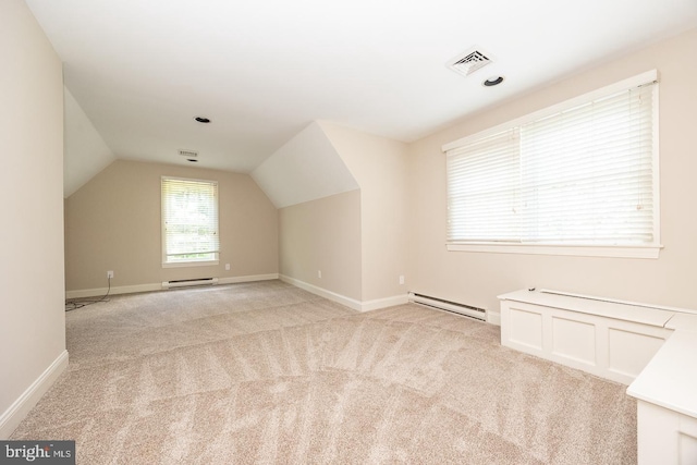 additional living space with baseboard heating, carpet floors, lofted ceiling, and baseboards