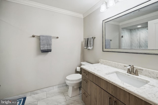 12001 Market St Unit 441, Reston, VA 20190 - bathroom with marble finish floors, a stall shower, toilet, crown molding, and vanity