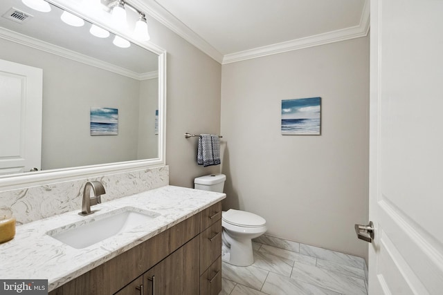 12001 Market St Unit 441, Reston, VA 20190 - bathroom featuring crown molding, vanity, toilet, and marble look tile flooring