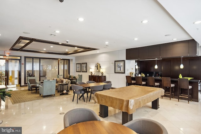 12001 Market St Unit 441, Reston, VA 20190 - recreation room with light tile patterned floors, a tray ceiling, a community bar, recessed lighting, and pool table