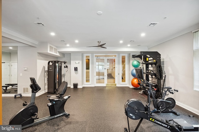 12001 Market St Unit 441, Reston, VA 20190 - workout area featuring crown molding, recessed lighting, baseboards, and ceiling fan
