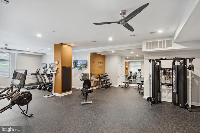 12001 Market St Unit 441, Reston, VA 20190 - workout area featuring ceiling fan, baseboards, and recessed lighting