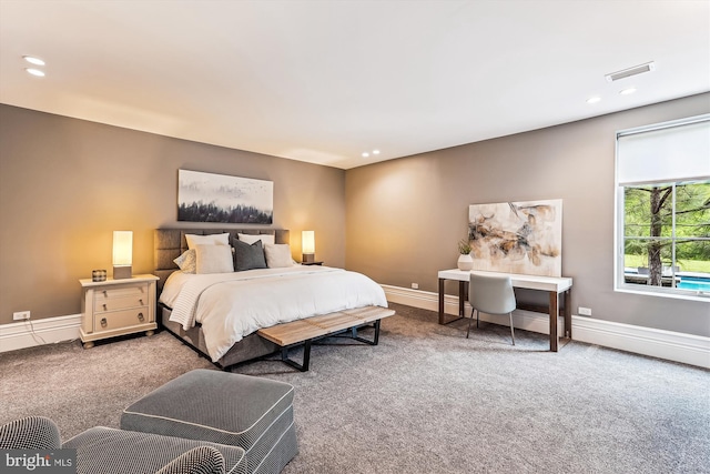 bedroom with carpet, recessed lighting, and baseboards