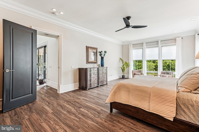 bedroom featuring baseboards, dark wood-style floors, crown molding, recessed lighting, and ceiling fan