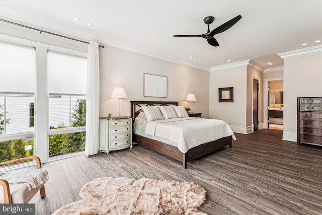 bedroom featuring crown molding, wood finished floors, recessed lighting, baseboards, and a ceiling fan