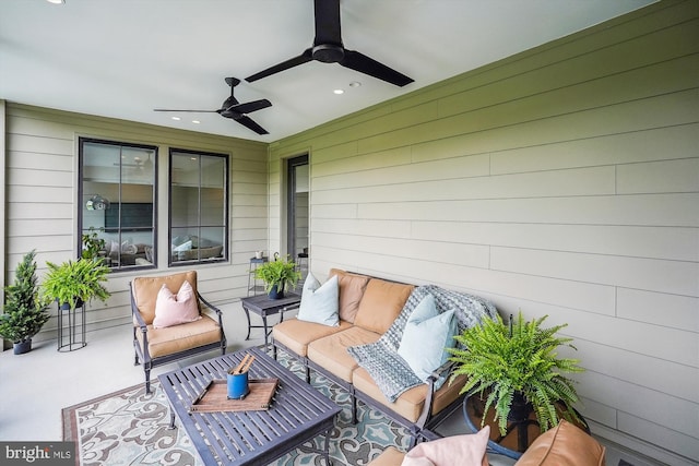 view of patio / terrace featuring ceiling fan and an outdoor hangout area