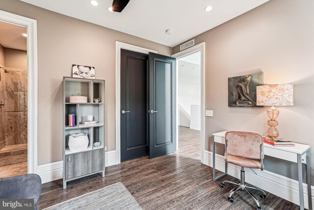 office featuring wood finished floors, recessed lighting, and baseboards