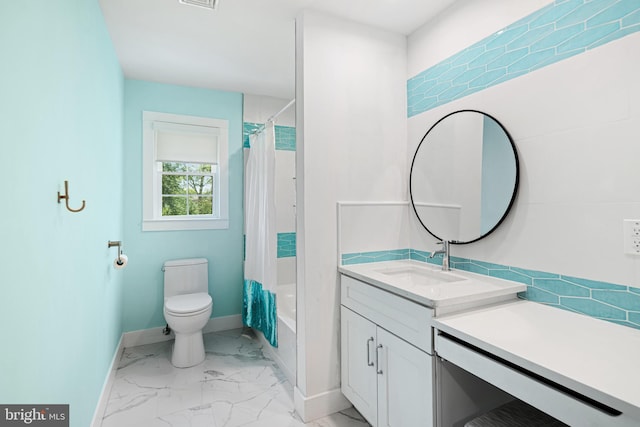 5 Winding Brook Dr, Cinnaminson, NJ 08077 - bathroom featuring vanity, marble look tiles, toilet, shower / bath combo with shower curtain, and wine cooler