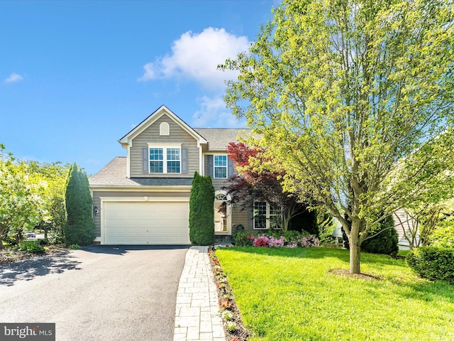 9731 Wyndham Dr, Frederick, MD 21704 - view of front of home with asphalt driveway, an attached garage, a front yard, and roof with shingles