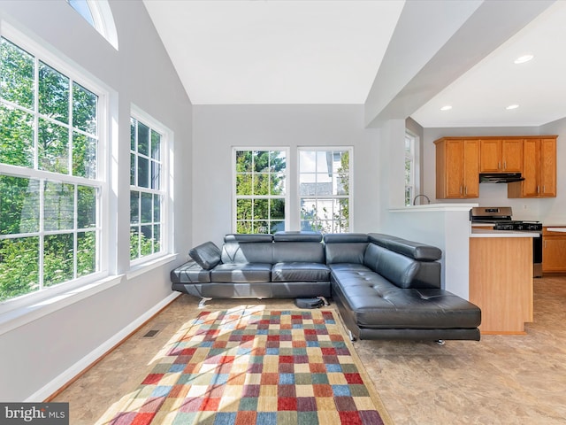 9731 Wyndham Dr, Frederick, MD 21704 - living room featuring vaulted ceiling, baseboards, and recessed lighting