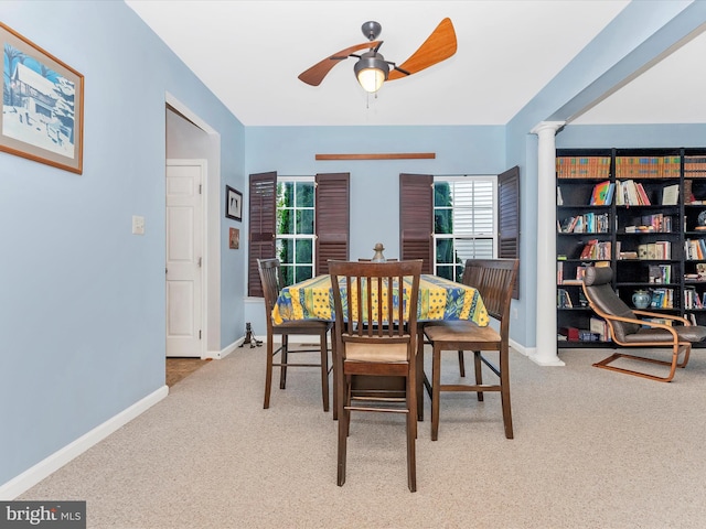 9731 Wyndham Dr, Frederick, MD 21704 - carpeted dining space featuring ceiling fan, healthy amount of natural light, baseboards, and ornate columns