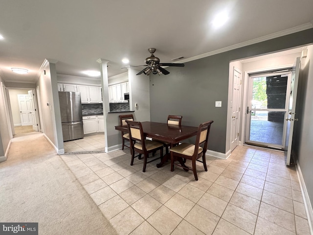 dining room featuring light tile patterned floors, ornamental molding, baseboards, ceiling fan, and recessed lighting