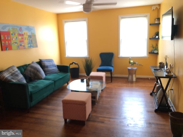 living area featuring wood finished floors, ceiling fan, and baseboards