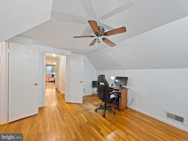 5403 Rolling Rd, Springfield, VA 22151 - home office with a ceiling fan, light wood finished floors, lofted ceiling, and baseboards