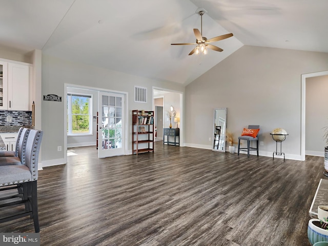16016 Ambleside Ct, Hughesville, MD 20637 - living area featuring ceiling fan, french doors, vaulted ceiling, dark wood finished floors, and baseboards